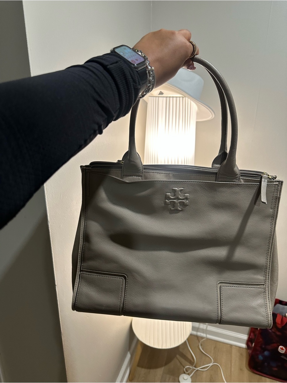 Tory Burch Gray Taupe Pebbled Leather Tote
